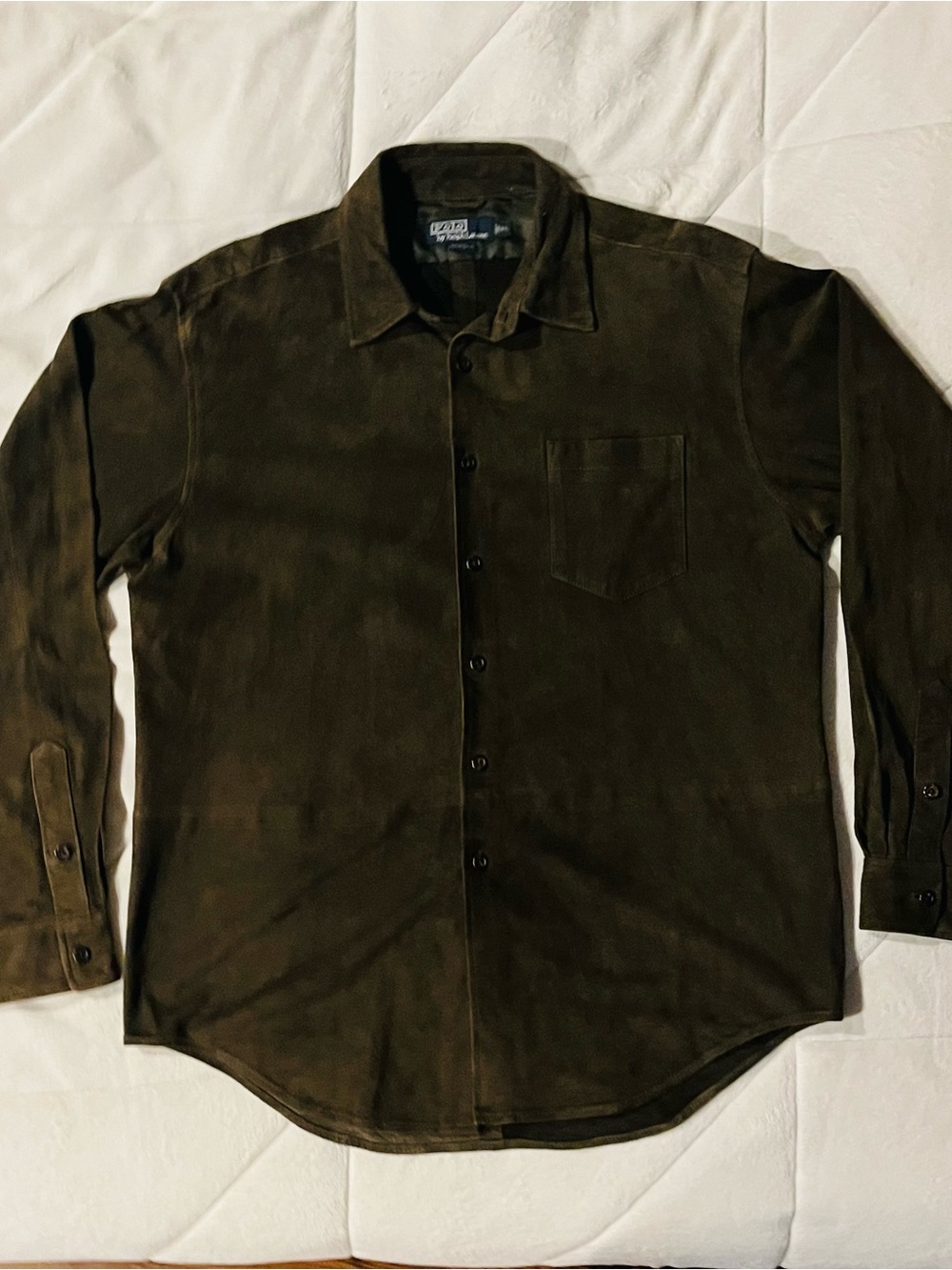 Vintage Polo Ralph Lauren Green Suede Leather Pocket Button Shirt Men’s Size XL
